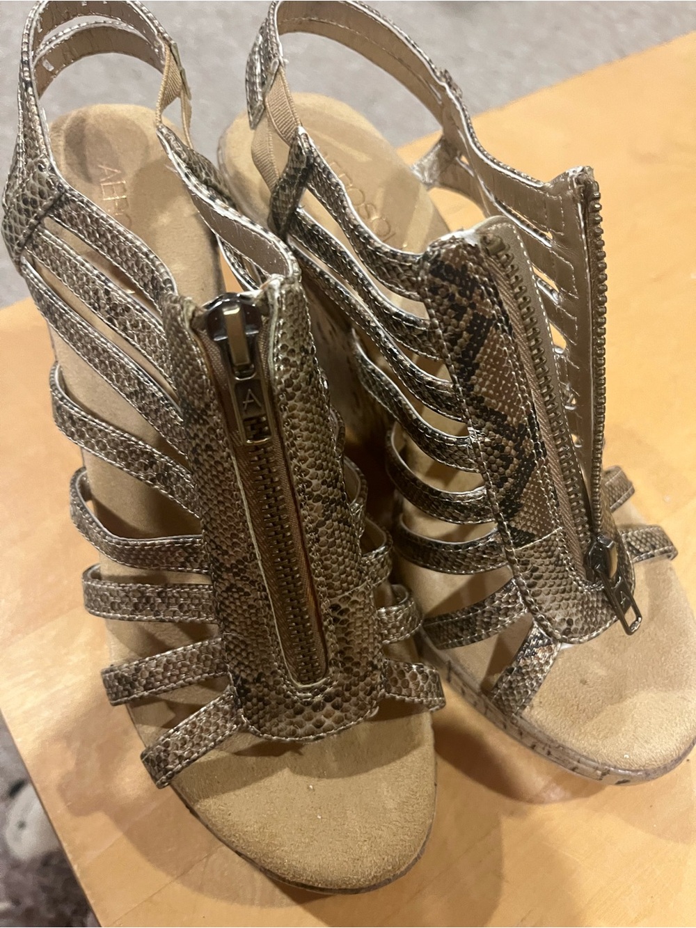 AEROSOLES Metallic Gold Snake-Print Strappy Wedge Sandals